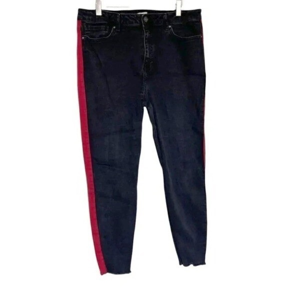 Forever 21 Skinny Jeans 31 Black Red Side Stripe High Rise Raw Hem Streetwear